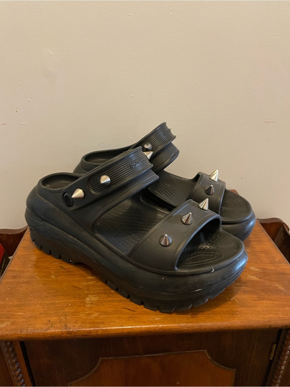 Black Crocs Platform Punk Studded Crush Sandals